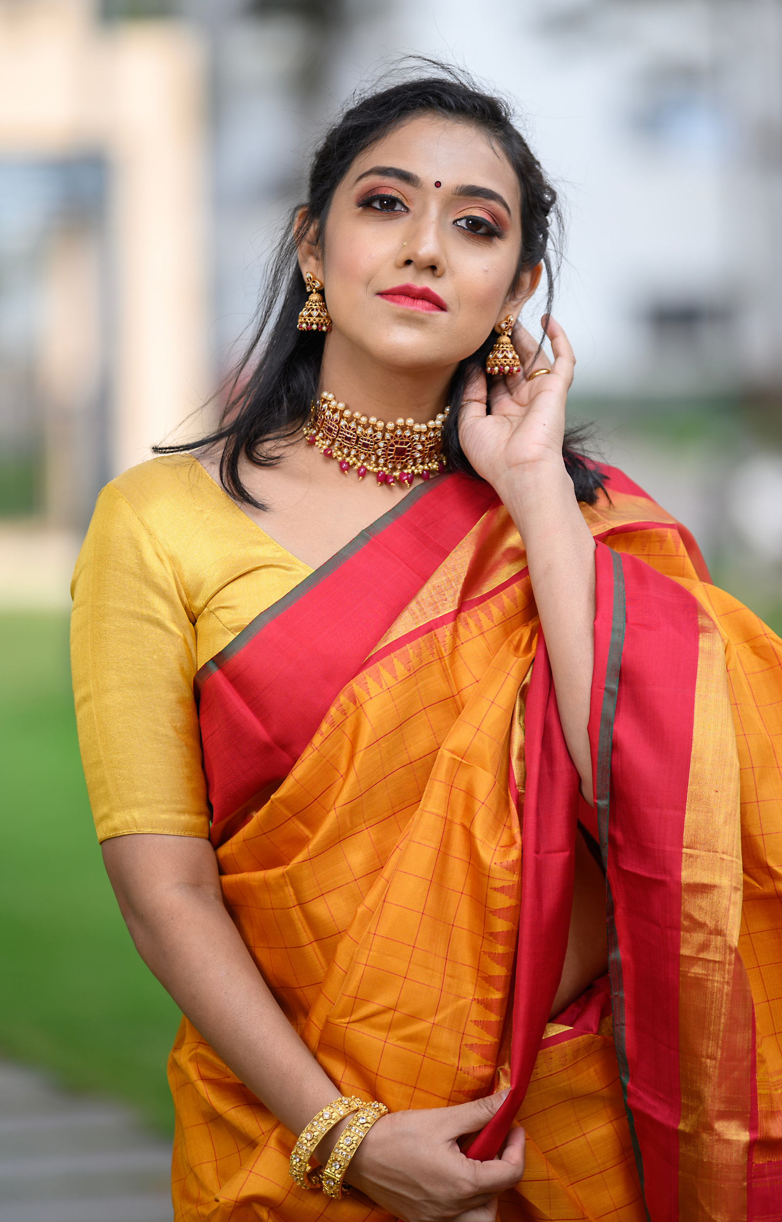 Mustard Yellow Coloured Kanchipuram Silk Saree With wine Colour Pallu